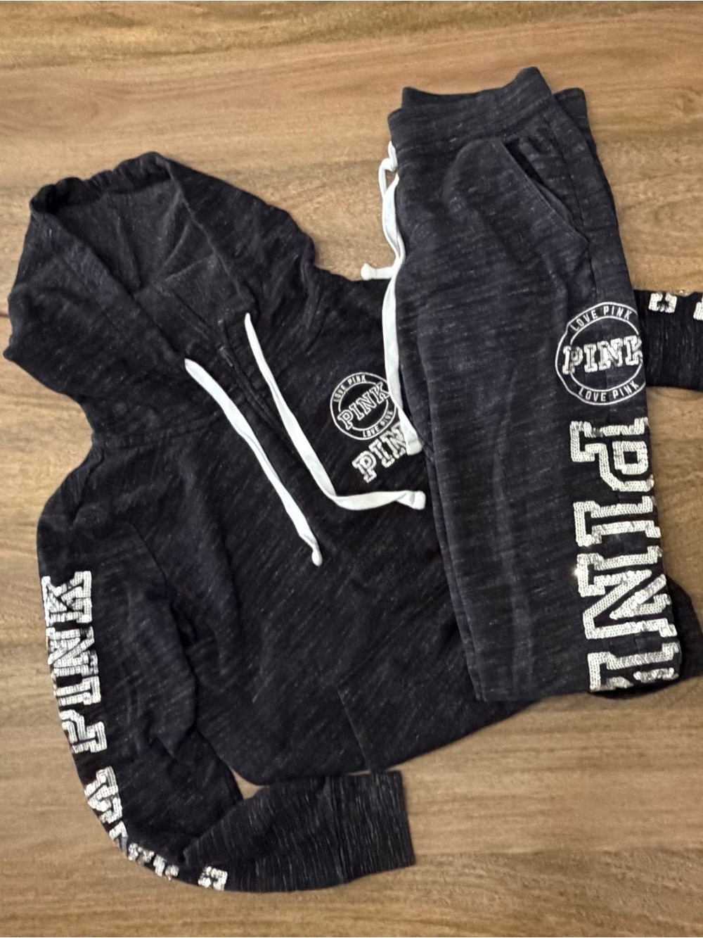 Victoria's Secret PINK Charcoal Gray Hoodie & Joggers Set with White Logos